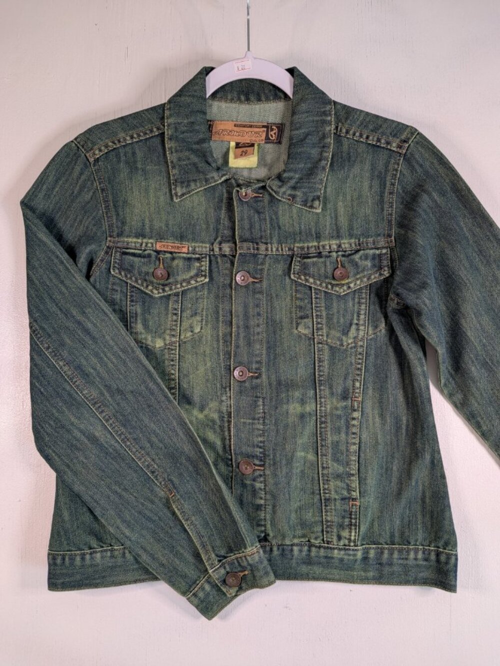 Vintage Armour Green Acid Wash Denim Trucker Jacket Womens Size 29 Waist